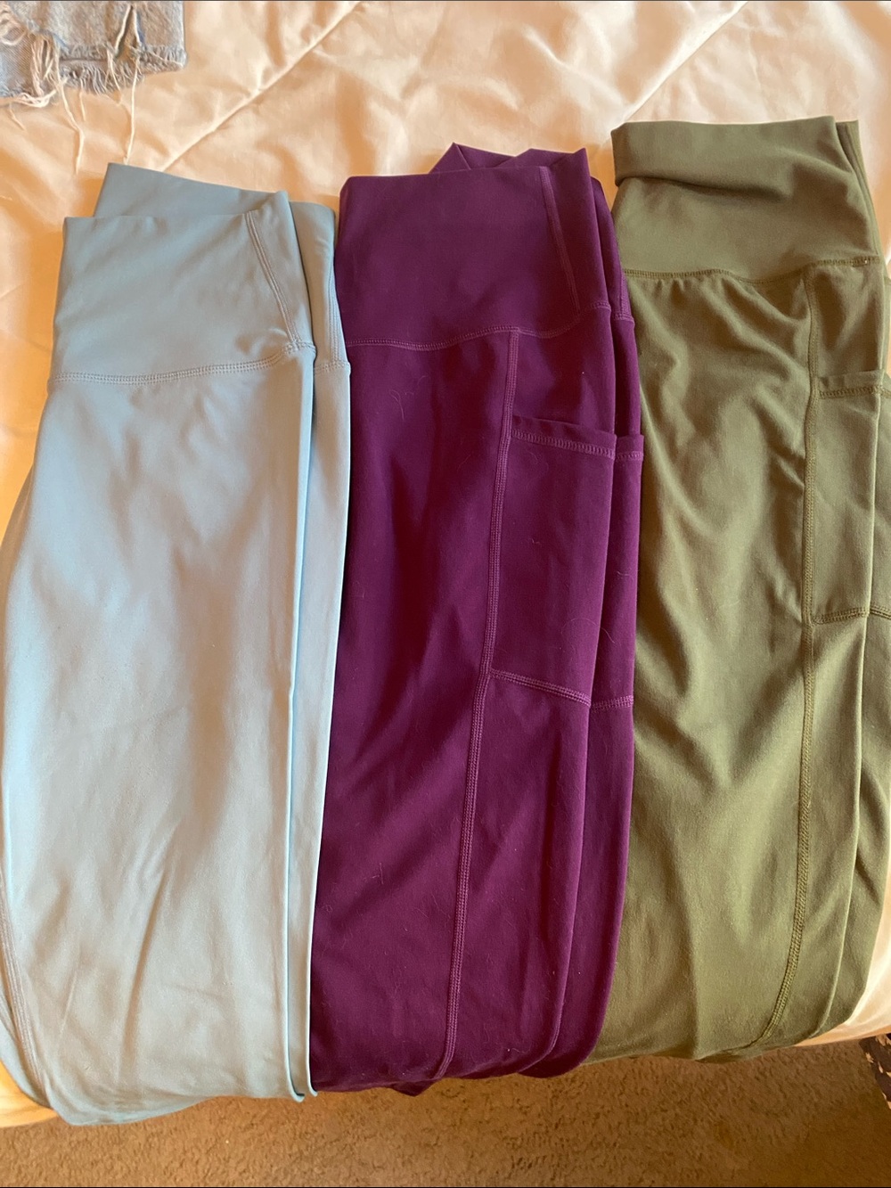 High-Waist Leggings in Blue, Purple & Olive